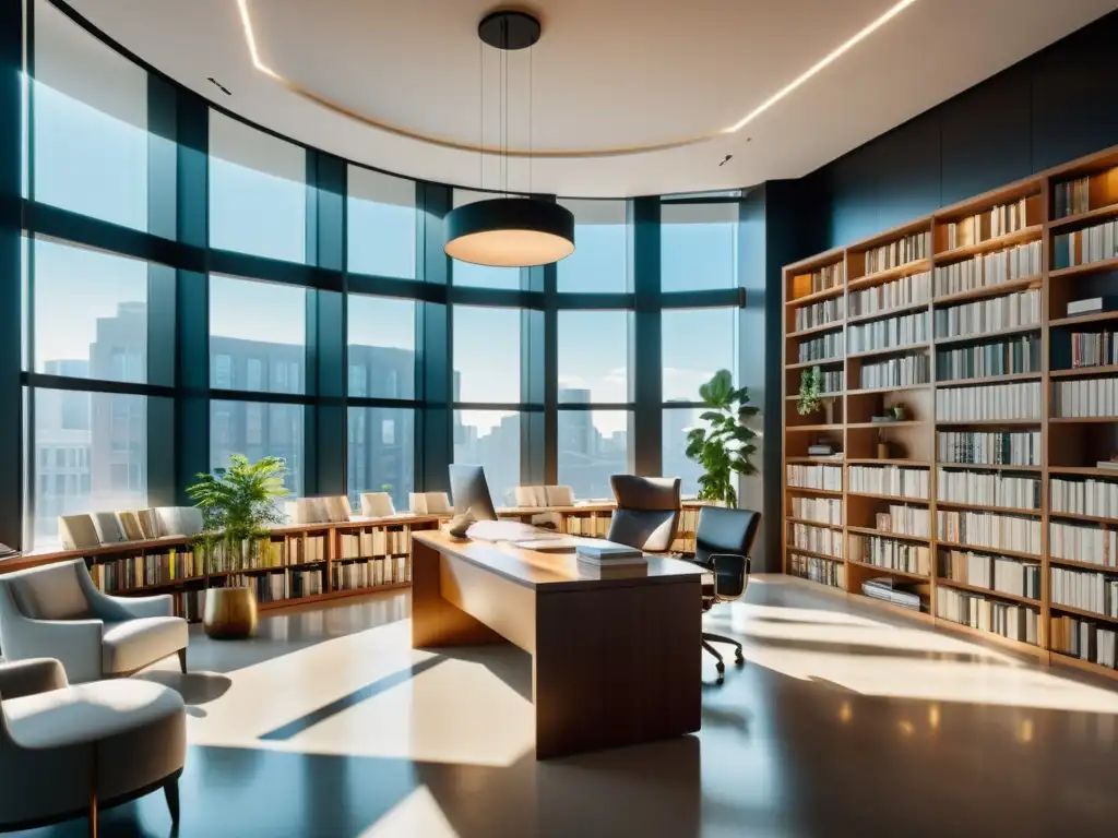 Un espacio moderno y acogedor con autores y agentes literarios, rodeados de libros y manuscritos