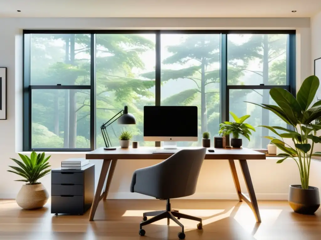 Un espacio moderno de trabajo en casa con tecnología de vanguardia y abundante luz natural
