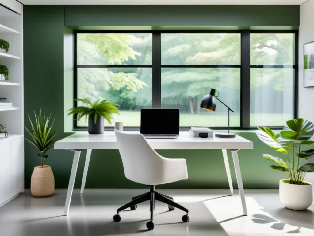 Espacio de oficina en casa elegante con vista al jardín, ideal para proteger la propiedad intelectual en el teletrabajo
