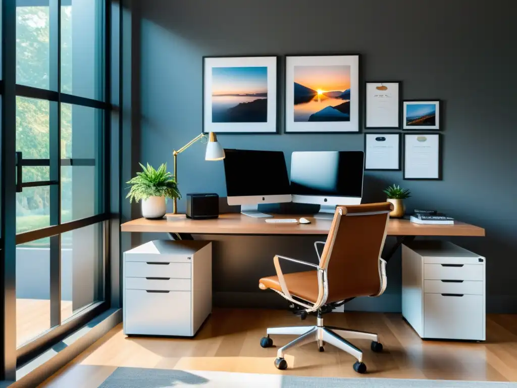 Espacio de oficina en casa moderno y profesional para teletrabajo, ideal para proteger la propiedad intelectual