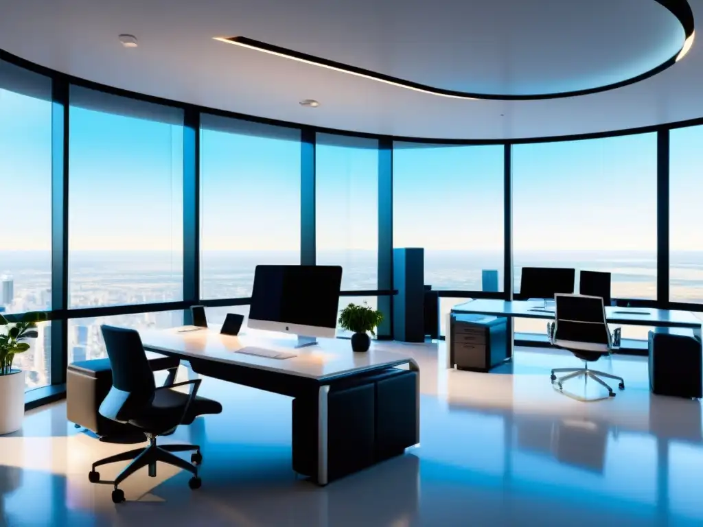 Un espacio de oficina futurista con modernas tecnologías y diseño minimalista, bañado en luz natural