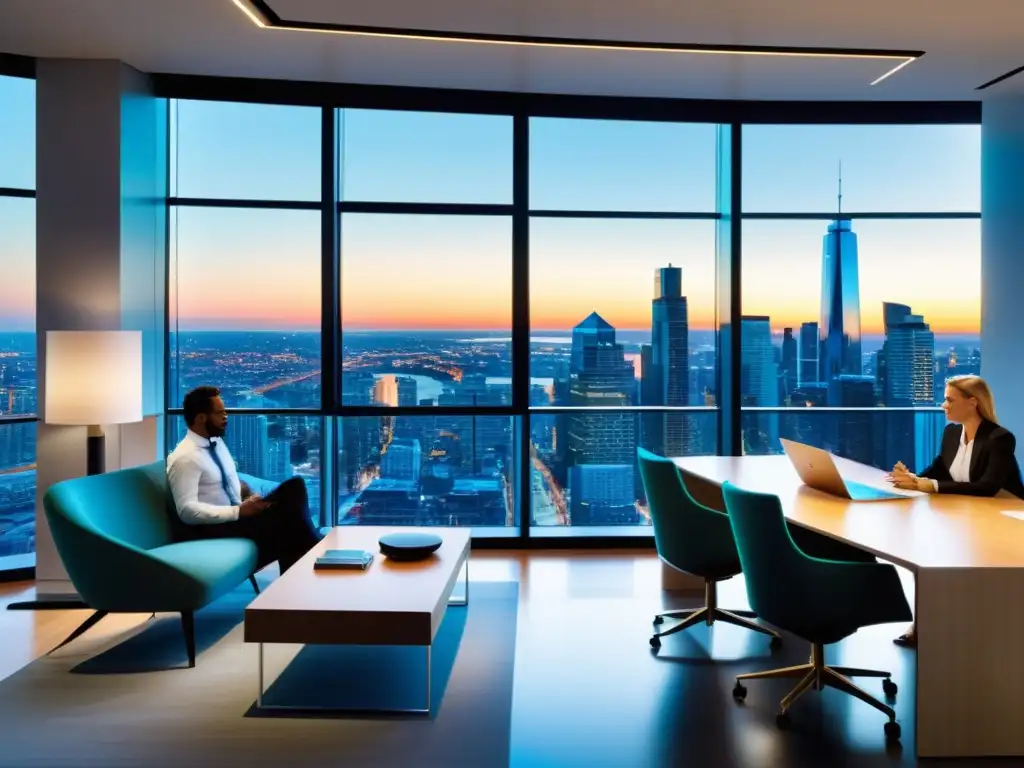 Un espacio de oficina moderno con una vista panorámica de la ciudad