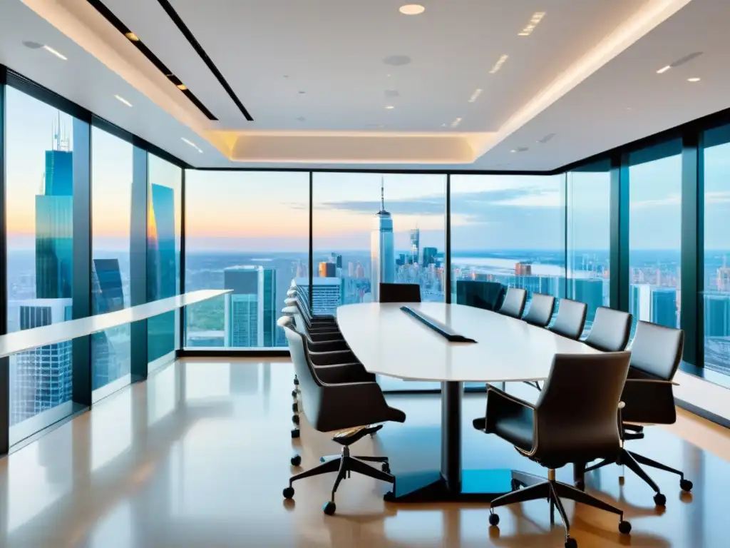 Un espacio de reunión moderno con vista a la ciudad, donde profesionales colaboran en la gestión internacional de marcas propiedad intelectual