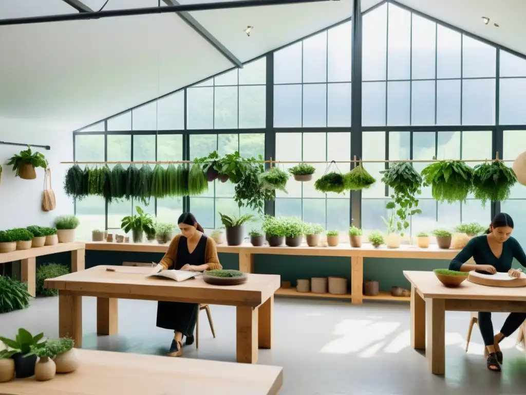 Espacio de trabajo de marca sostenible con luz natural, artesanos creando con materiales éticos, rodeados de vegetación