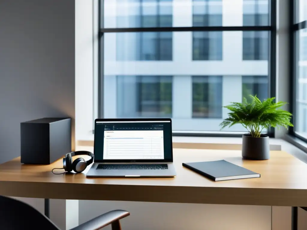 Un espacio de trabajo minimalista con computadora, cuaderno y auriculares cerca de una ventana iluminada