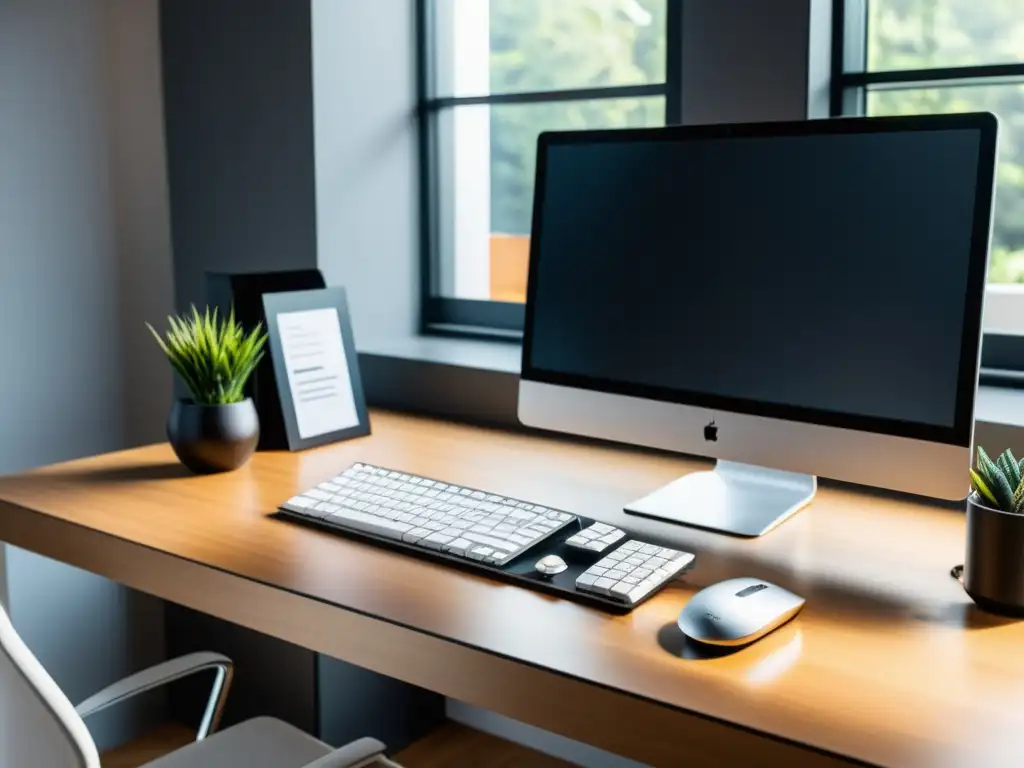 Un espacio de trabajo moderno con un elegante monitor, teclado, ratón y software de edición