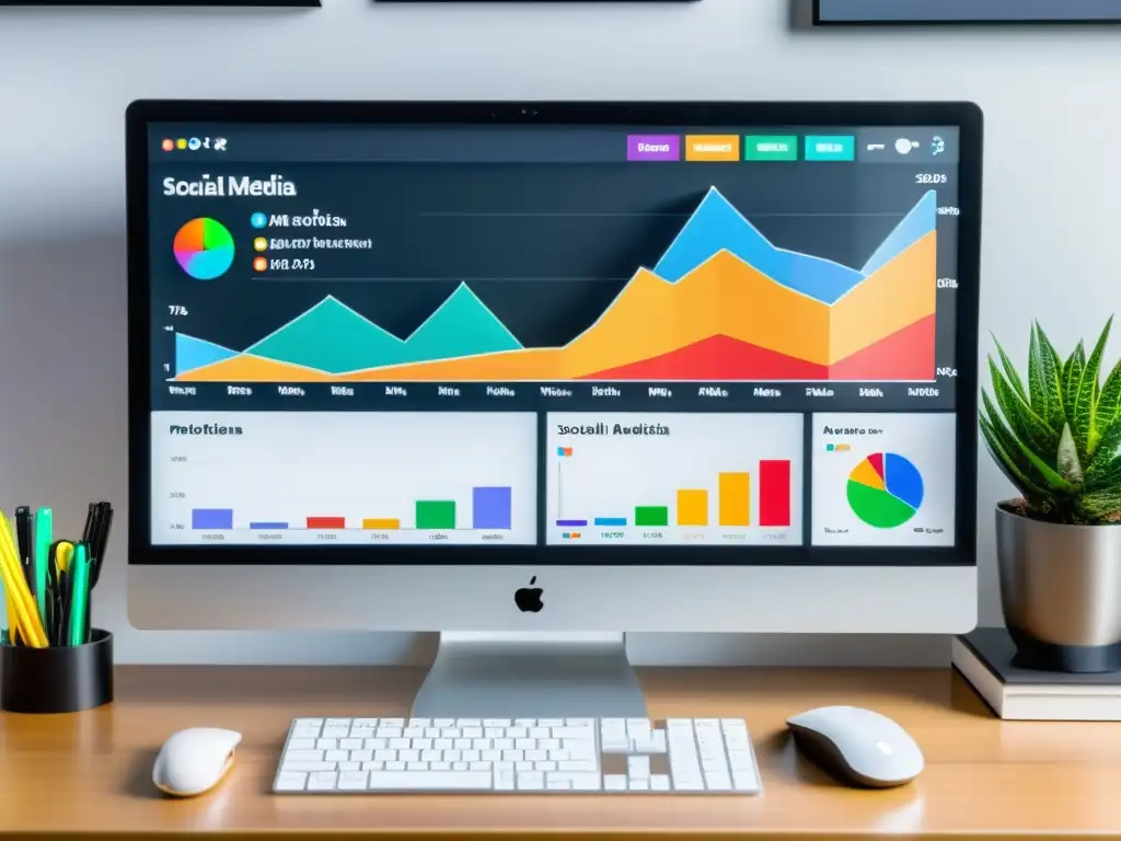 Un espacio de trabajo moderno con un monitor mostrando herramientas de monitorización de marca en internet y gráficos coloridos