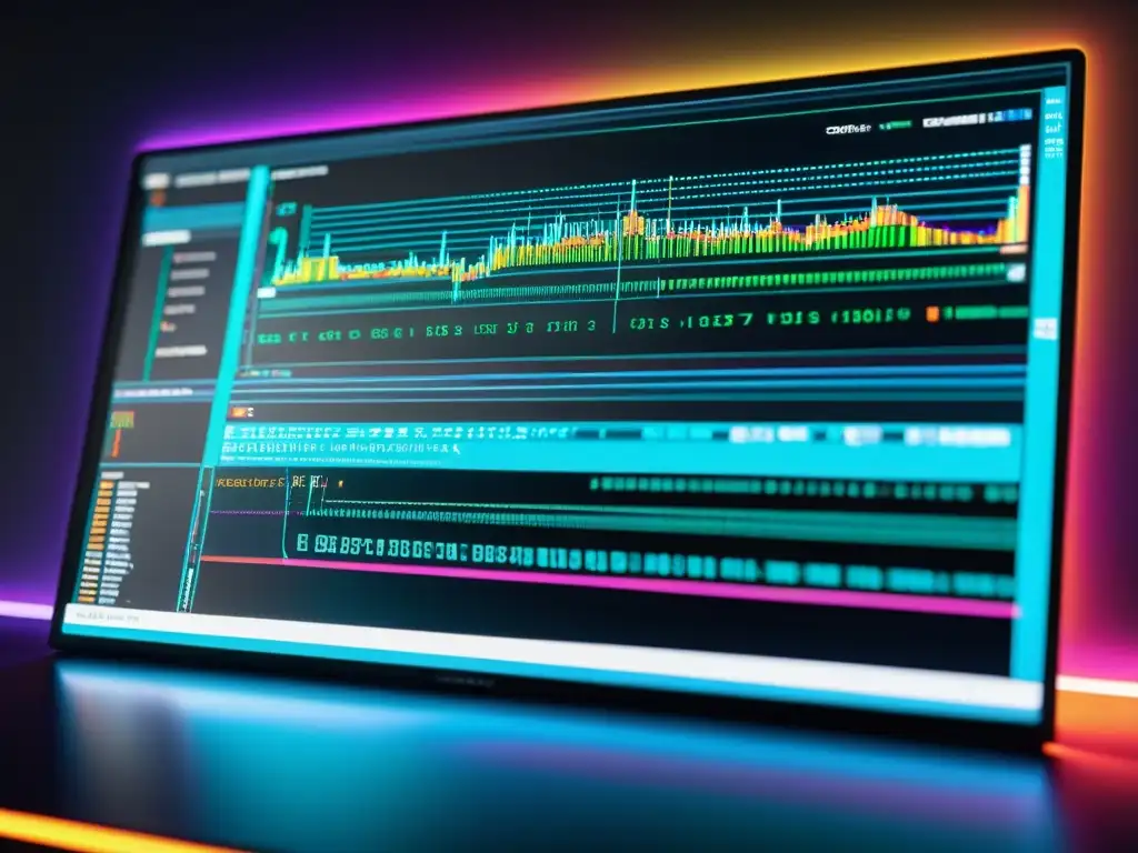 Un espacio de trabajo moderno con una pantalla de computadora que muestra código y gráficos digitales detallados y vibrantes