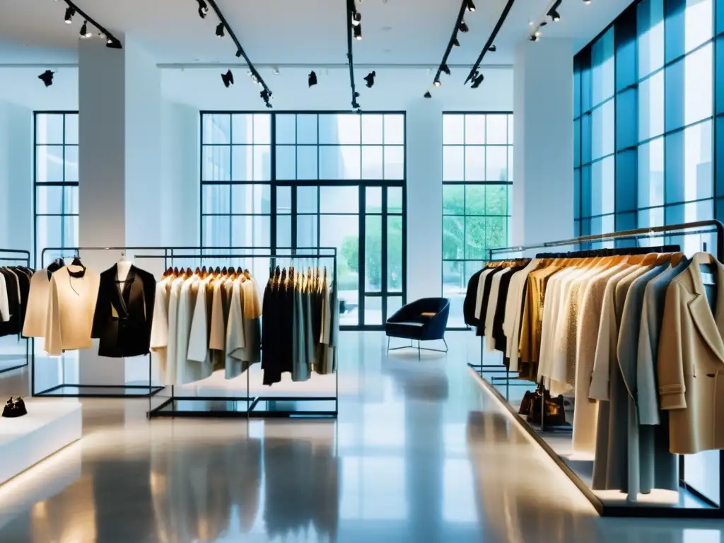 Espacioso showroom de moda con diseño minimalista y lujo, iluminado por luz natural