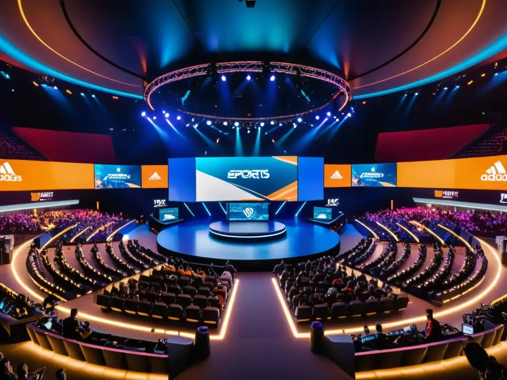 Espectacular arena de eSports con tecnología futurista, jugadores concentrados y multitud emocionada