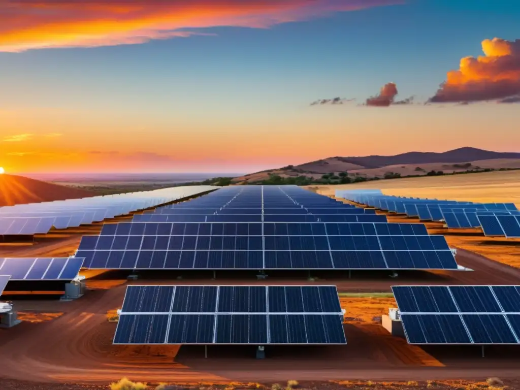 Un espectacular atardecer ilumina un moderno campo de paneles solares, destacando la resolución de conflictos de patentes en energía renovable