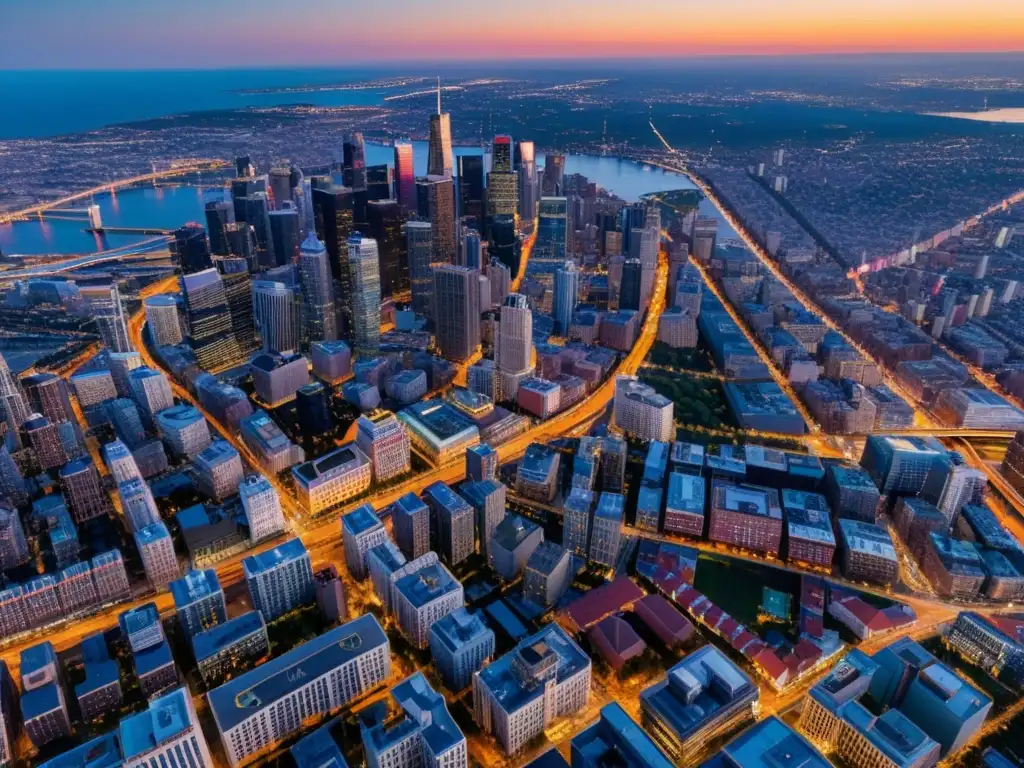 Espectacular ciudad al atardecer desde gran altura