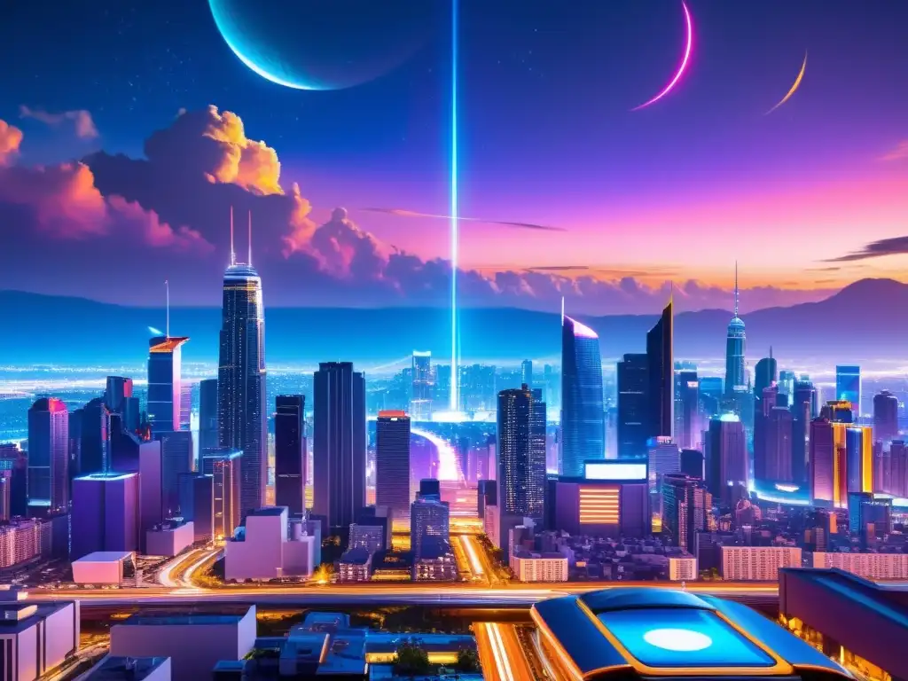 Espectacular ciudad futurista con luces de neón y hologramas, creando un paisaje de alta tecnología