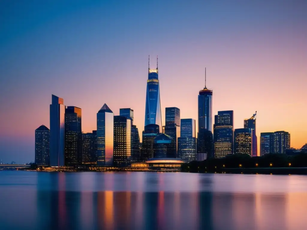Espectacular ciudad moderna al anochecer, con rascacielos iluminados reflejados en el río