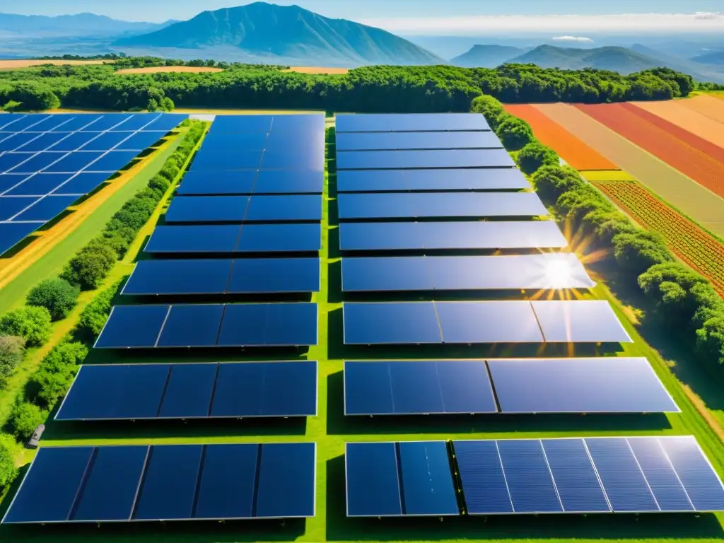 Un espectacular conjunto de paneles solares en un paisaje verde, reflejando la luz del sol con claridad