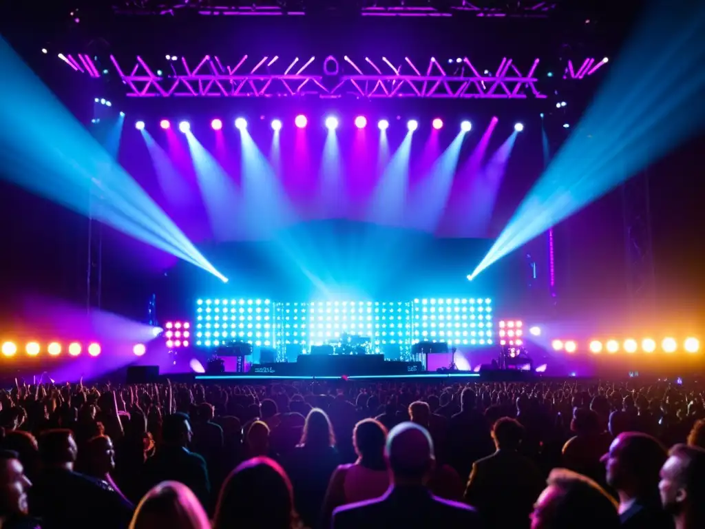 Espectacular escenario de concierto iluminado con luces vibrantes y multicolores, reflejando la emoción y energía del evento en vivo