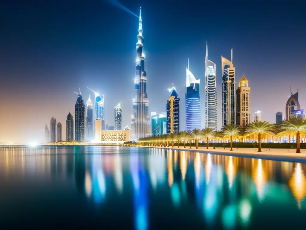 Espectacular panorama nocturno de Dubai con el Burj Khalifa y otros rascacielos iluminados reflejándose en las aguas tranquilas de la Fuente de Dubai