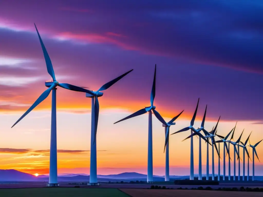 Un espectacular parque eólico moderno en contraste con un vibrante atardecer, protección legal avances energía eólica