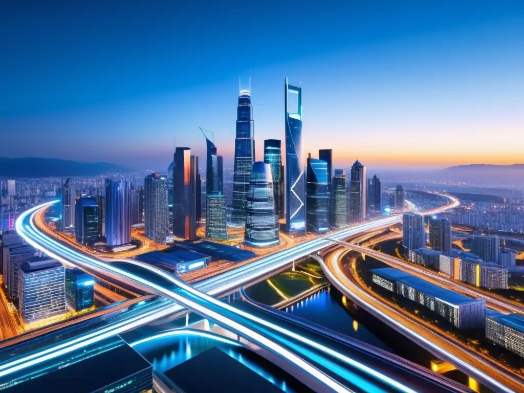 Espectacular skyline futurista al anochecer con rascacielos iluminados y una red de datos brillantes, capturando la innovación y tendencias en propiedad intelectual big data
