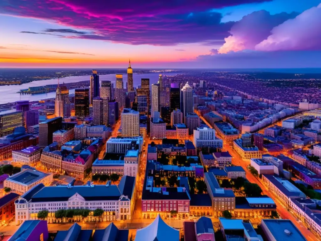 Una espectacular vista aérea de la ciudad al atardecer, con un cielo dramático en tonos naranja, rosa y morado
