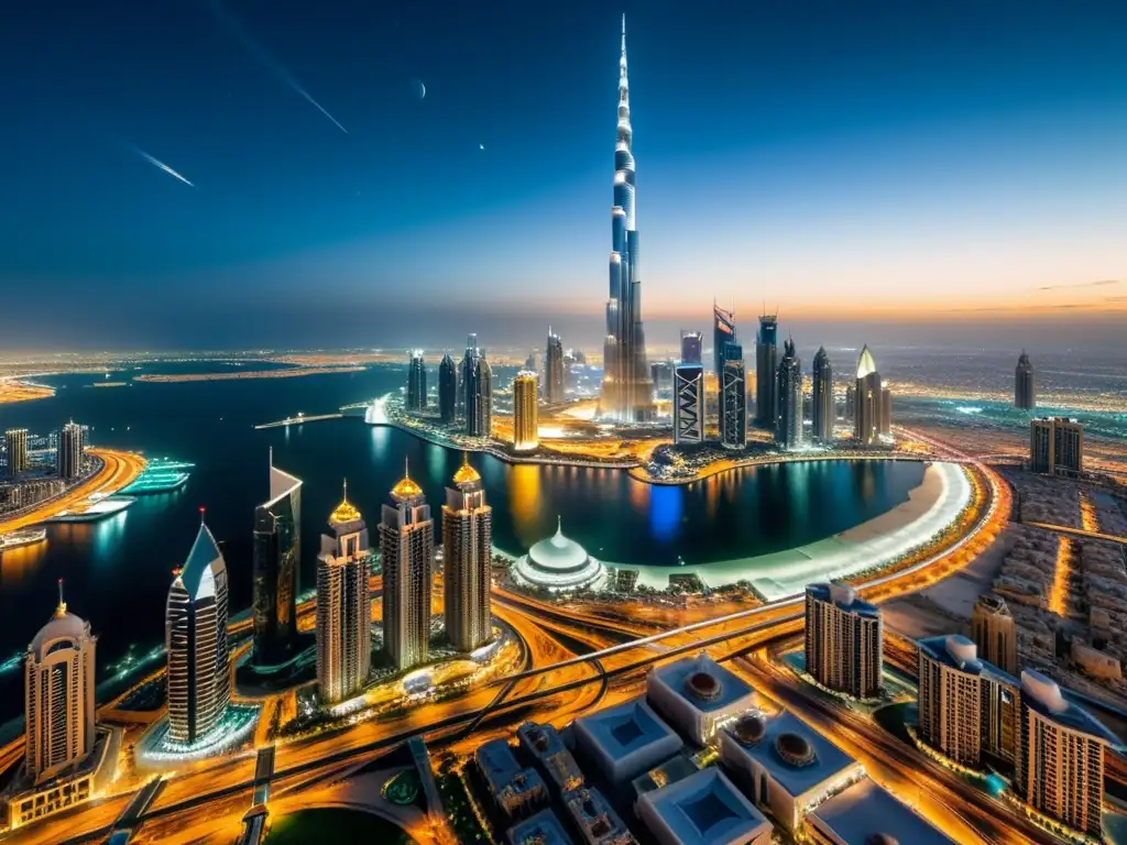 Espectacular vista nocturna del skyline de Dubai, con el icónico Burj Khalifa y modernos rascacielos iluminados