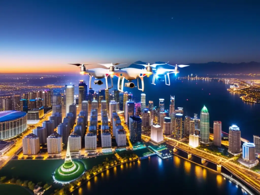 Espectáculo de luces aéreas con drones artistas sobre el horizonte nocturno de la ciudad