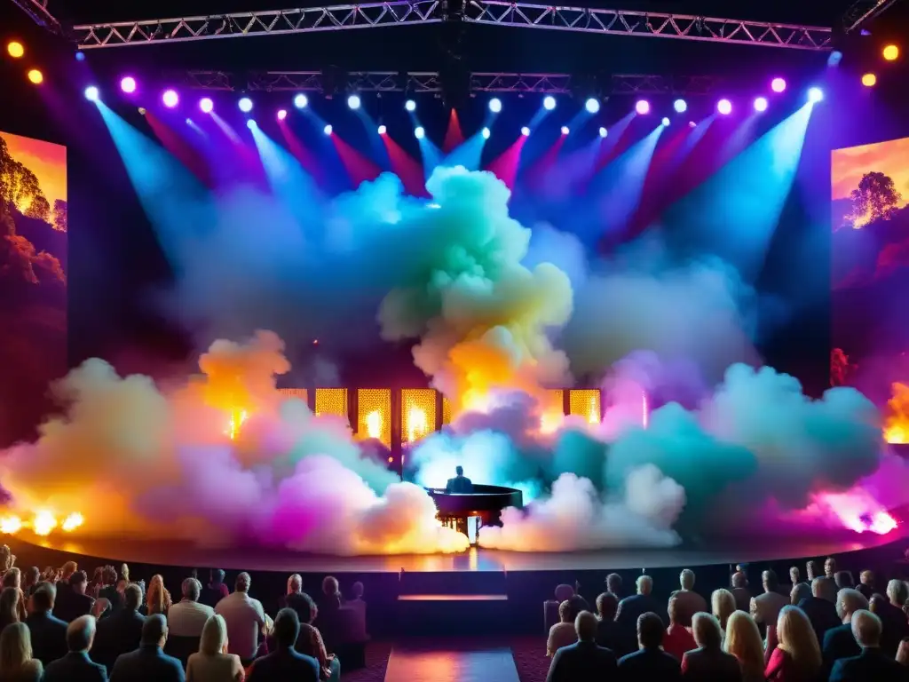 Espectáculo de luces y efectos especiales en un escenario de evento en vivo, capturando la esencia de licencias eventos efectos especiales