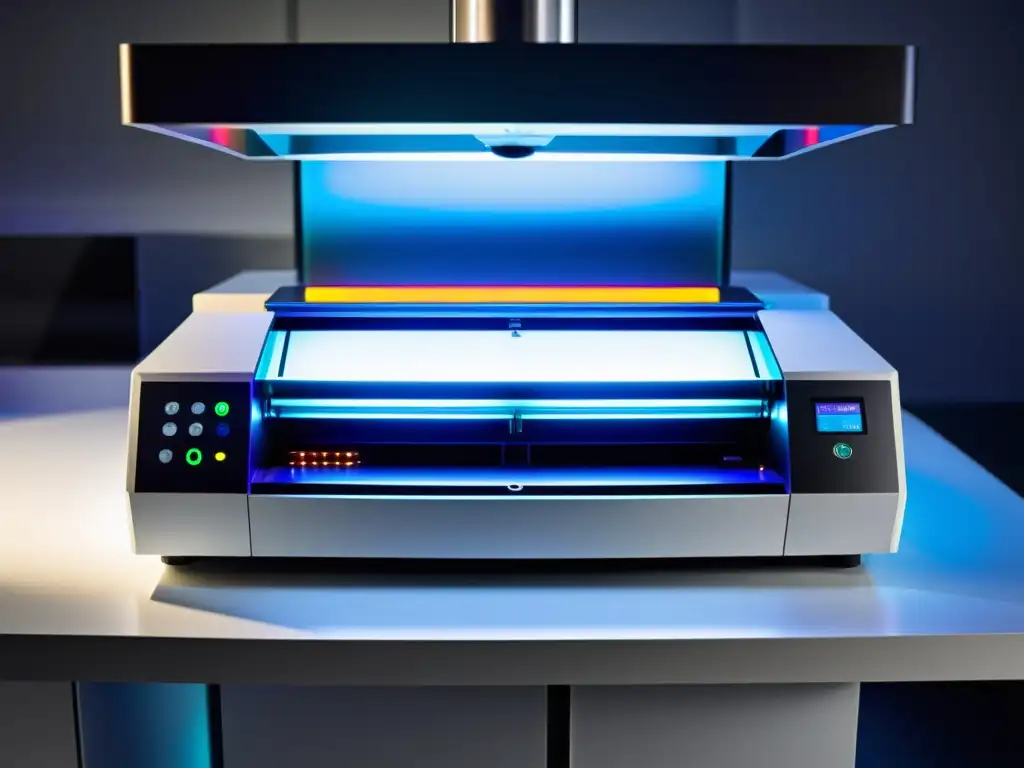 Un espectrofotómetro de alta tecnología en un laboratorio moderno, analizando muestras químicas vibrantes