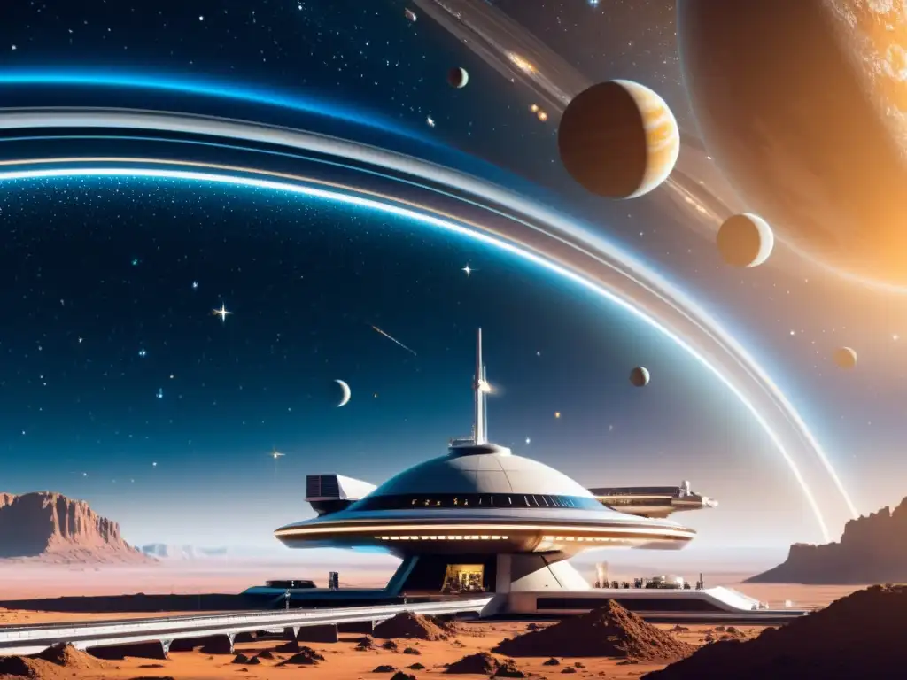 Una estación espacial futurista con actividad intensa, rodeada de estrellas y planetas
