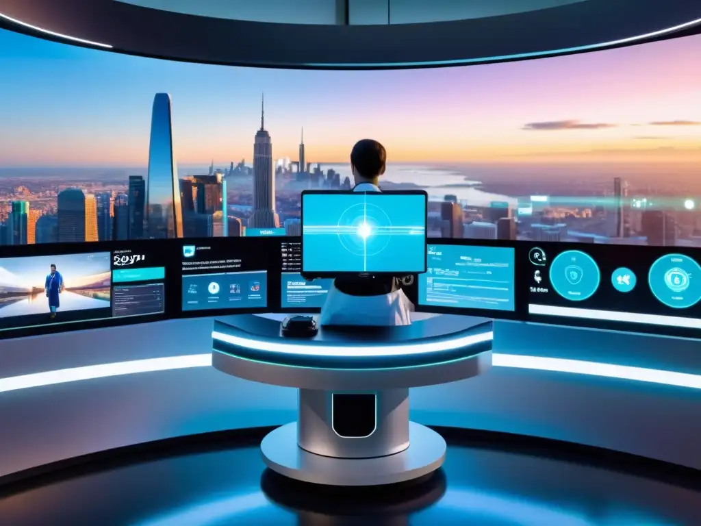 Una estación de telemedicina futurista con una interfaz holográfica, donde un médico y un paciente interactúan remotamente