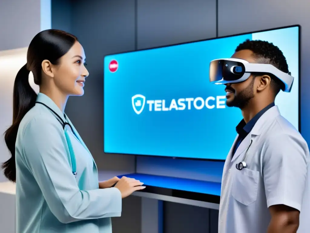 Una estación de telemedicina futurista con tecnología avanzada, incluyendo interfaces de realidad virtual, diagnósticos con IA y conectividad de datos