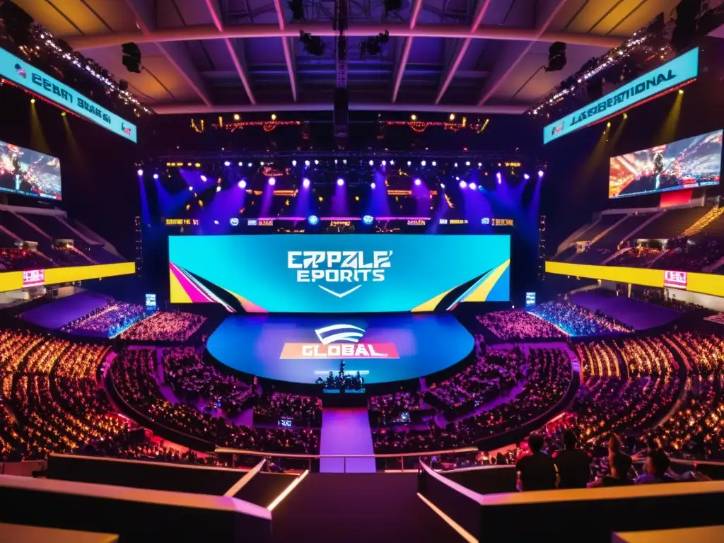 Estadio de eSports lleno de energía con jugadores compitiendo en un torneo internacional, iluminado y con pantallas gigantes