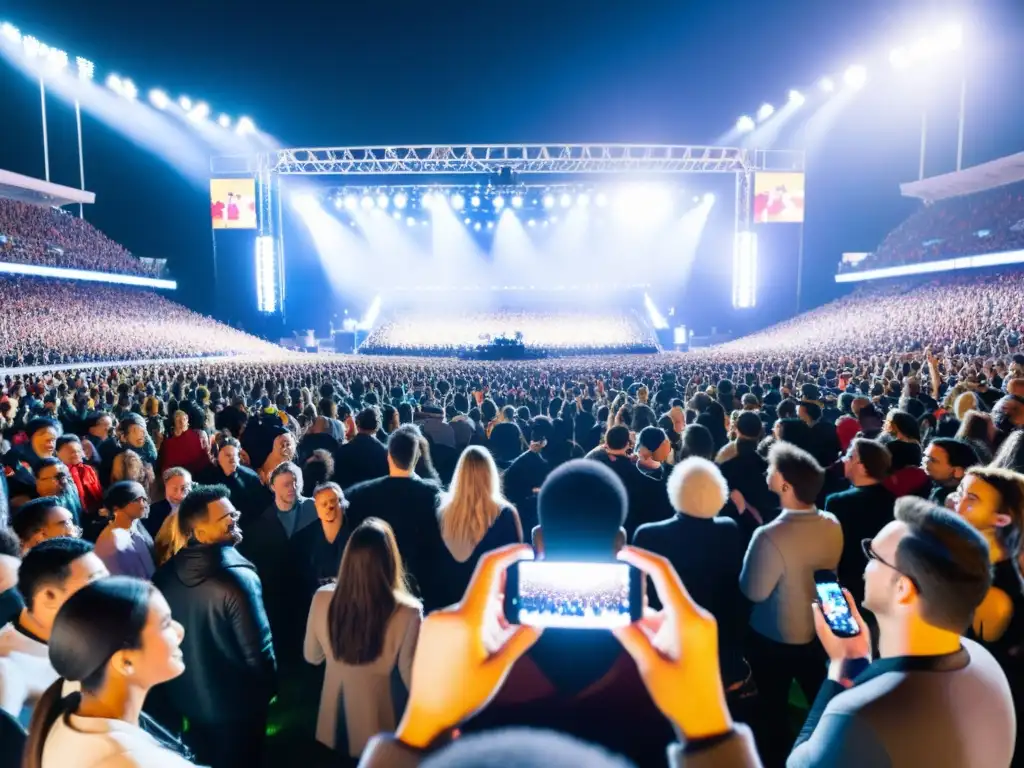 Un estadio lleno de espectadores diversos observando un emocionante concierto
