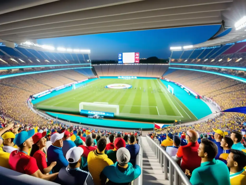 Estadio lleno de fans animados y coloridos en un evento deportivo en vivo