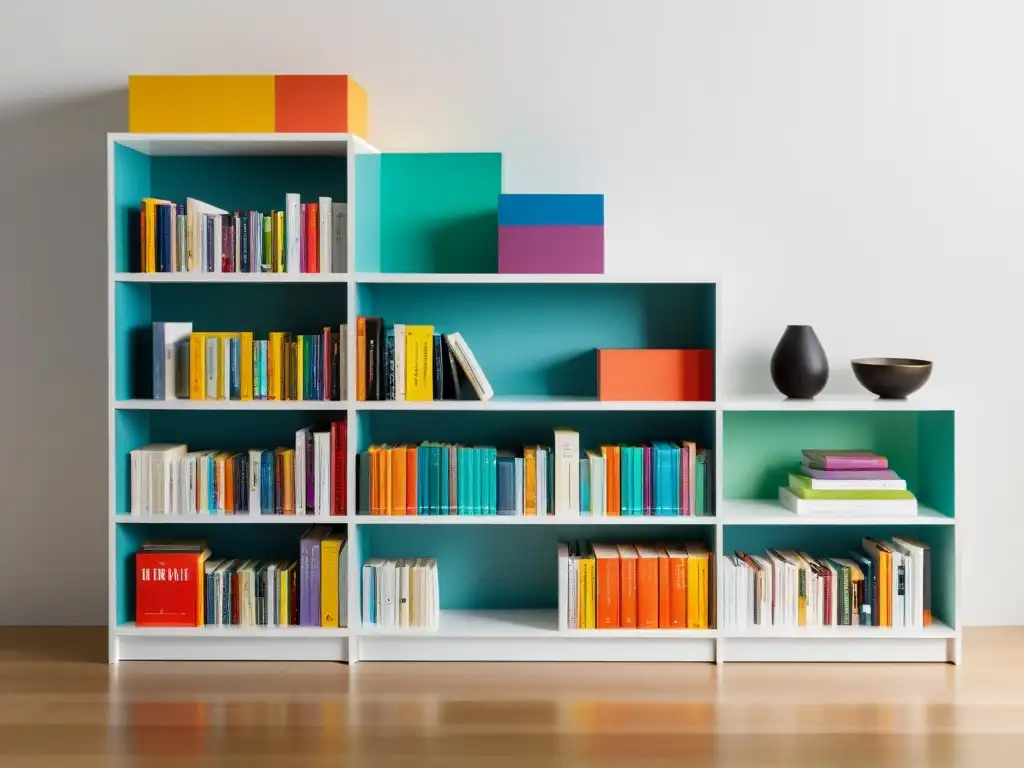 Estantería minimalista: libros coloridos y ordenados Estantería moderna con libros coloridos y ordenados, creando una atmósfera visualmente atractiva