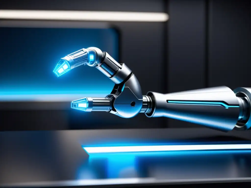 Estrategias defensa copia tecnología robótica: Brazo robótico futurista en laboratorio de alta tecnología, con detalles metálicos y luces azules