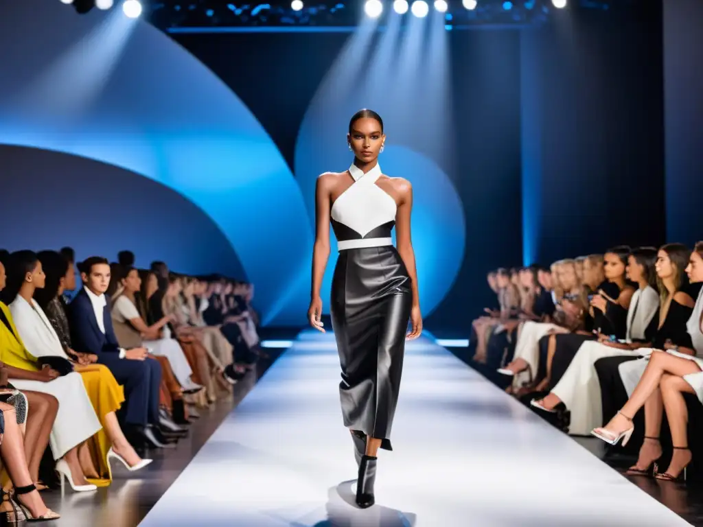 Estrategias defensa marcas moda cybersquatting: Desfile de moda futurista con diseño vibrante y modelos seguros de sí mismos en la pasarela