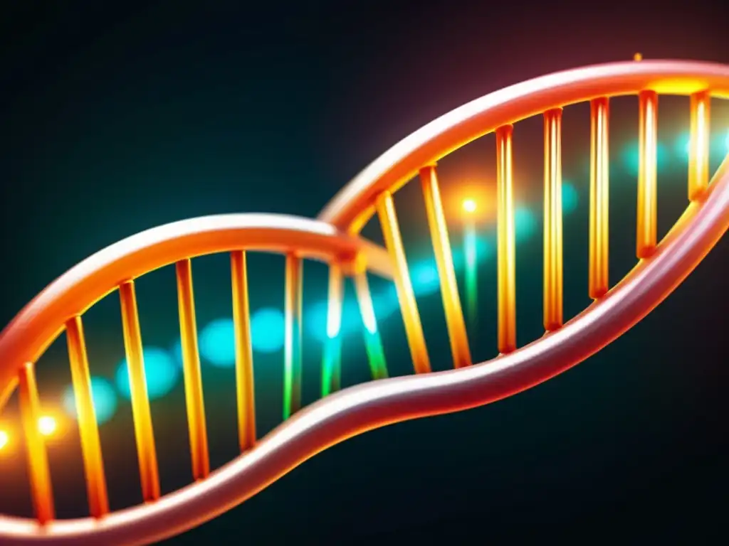 Una estructura de doble hélice de ADN con colores vibrantes que representan secuencias genéticas, en un fondo oscuro