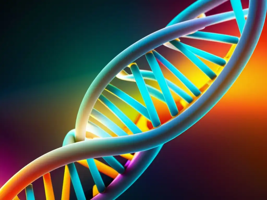 Una estructura de doble hélice de ADN con colores vibrantes, en un fondo futurista, simbolizando avances y controversias en patentes biotecnológicas