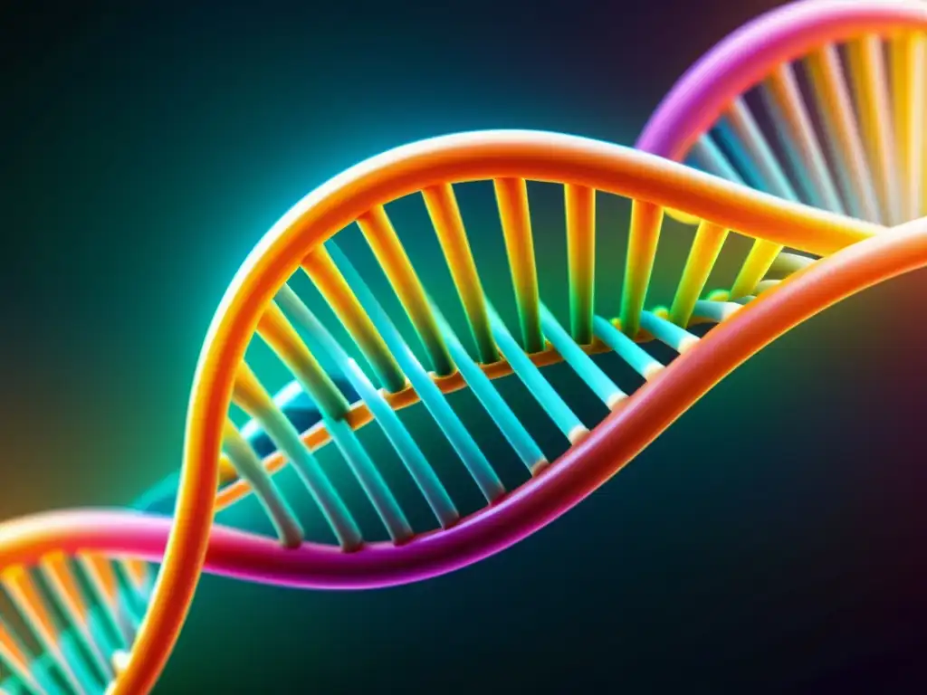 Una estructura de doble hélice de ADN con colores vibrantes que representa el código genético, con detalles intrincados de conexiones moleculares