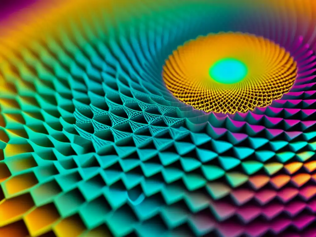 Una estructura nano bajo microscopio electrónico, con patrones y texturas vibrantes en colores futuristas