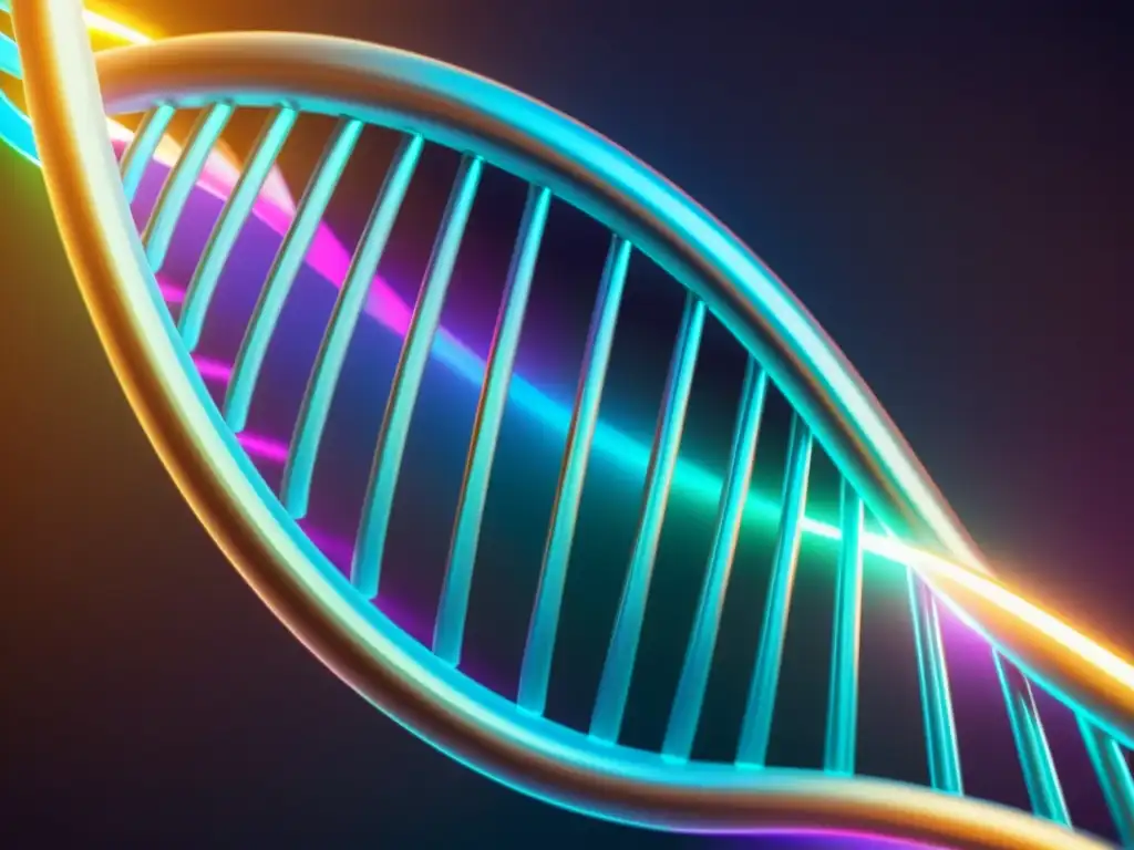 Una estructura de ADN moderna y futurista iluminada con luces iridiscentes, transmitiendo avances biotecnológicos y ética en patentes de material genético