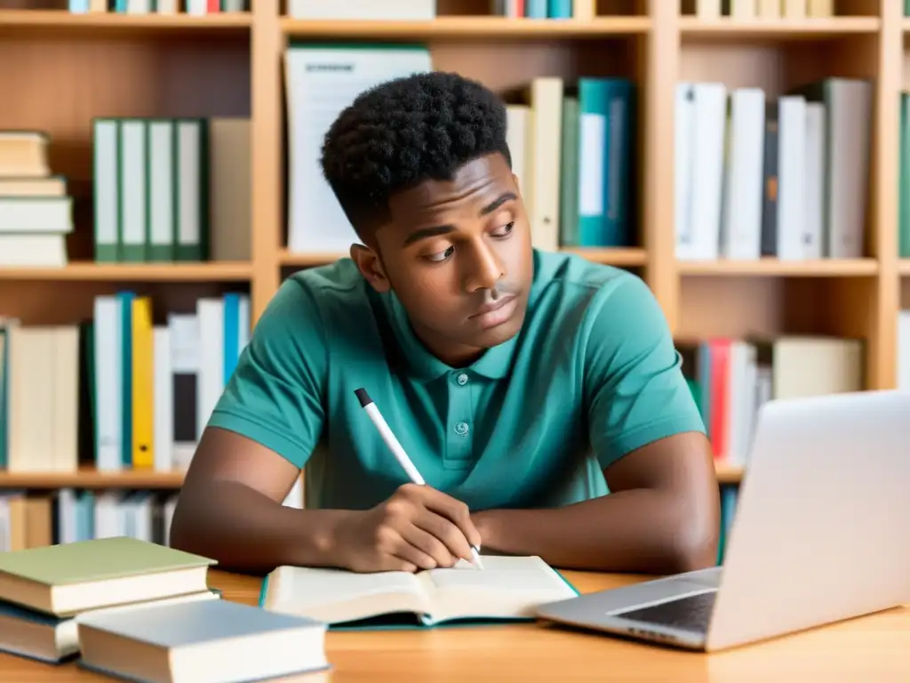 Estudiante concentrado en su espacio de trabajo, rodeado de libros y tecnología, respetando propiedad intelectual en educación