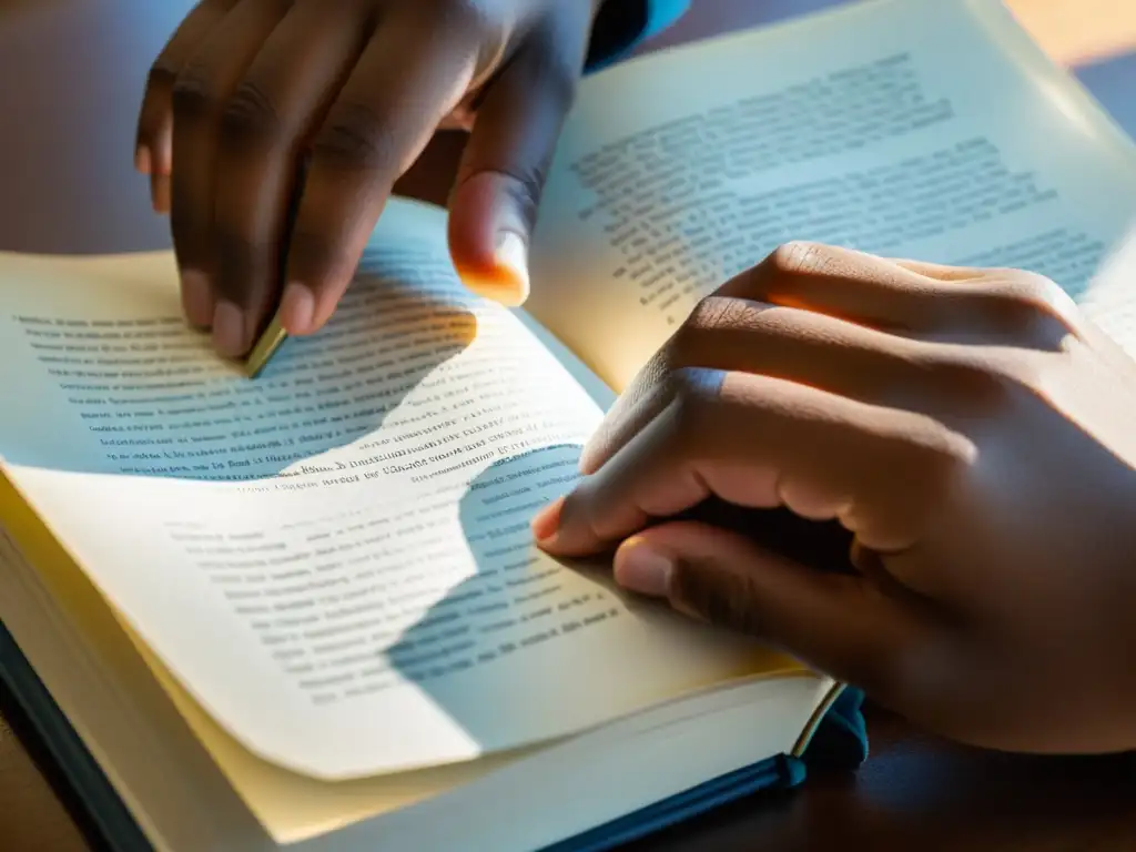 Estudiante hojeando libro antiguo, luz suave y sombras detalladas
