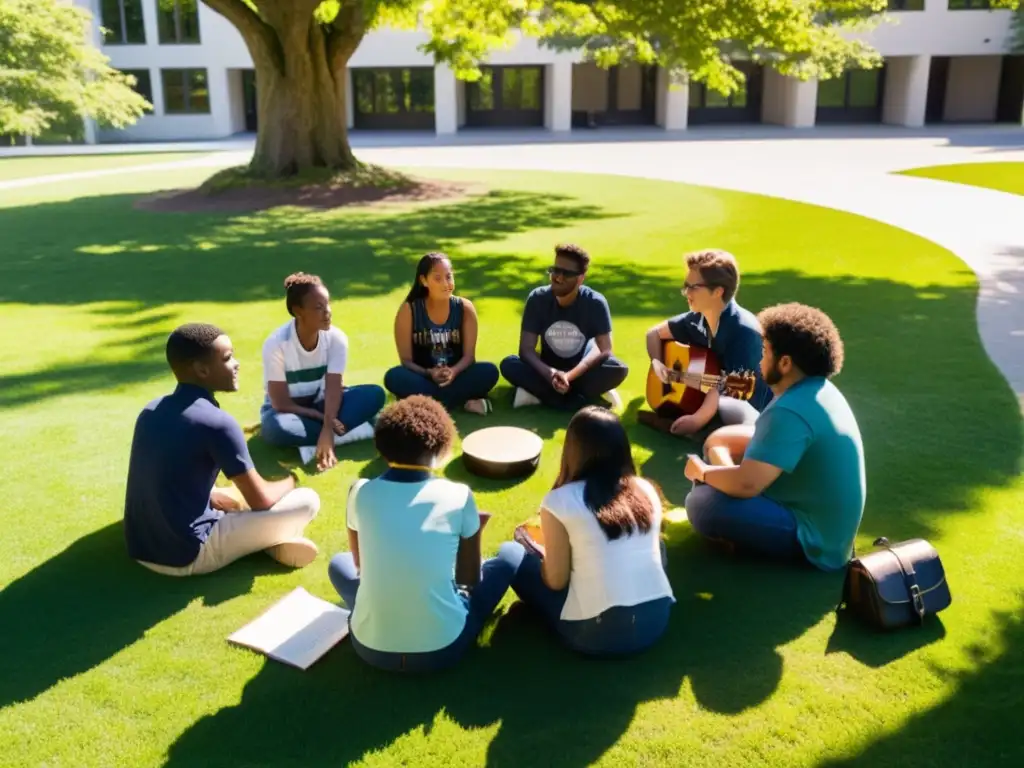 Estudiantes participan en una animada discusión musical al aire libre, reflejando la protección de derechos conexos en educación