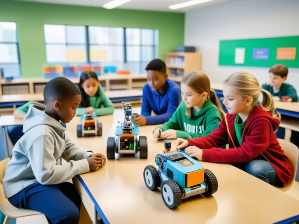 Estudiantes colaborando en aula brillante, ensamblan y programan robots