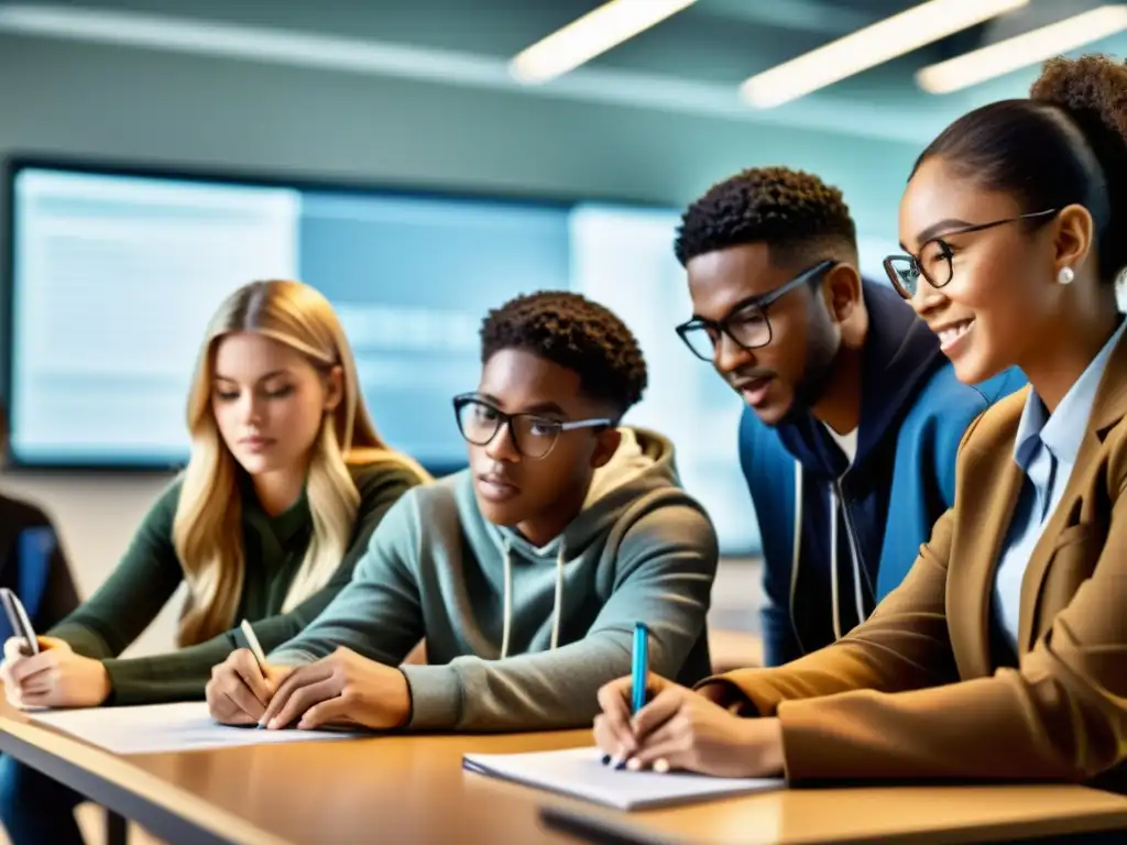 Estudiantes colaborando en proyecto innovador en aula moderna Estudiantes colaborando en un aula moderna, transmitiendo creatividad e innovación