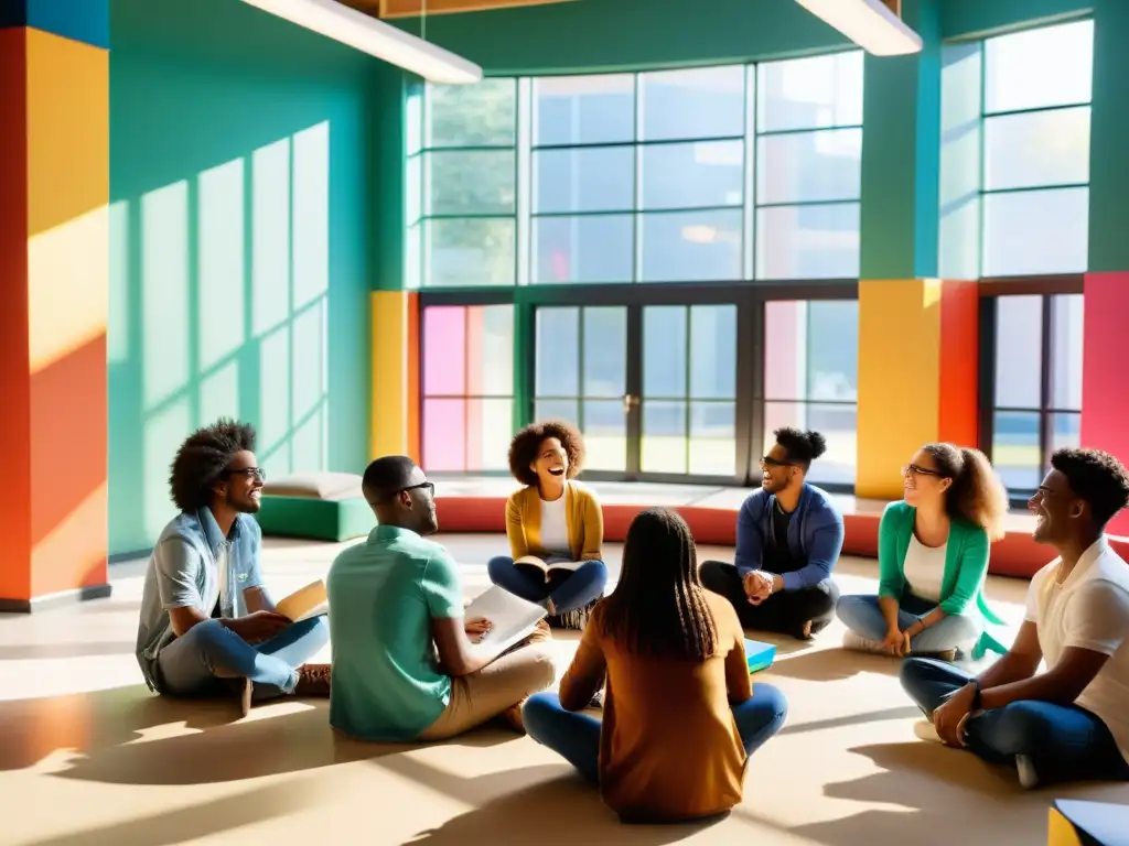 Estudiantes discuten animadamente en un aula moderna, rodeados de libros y tecnología