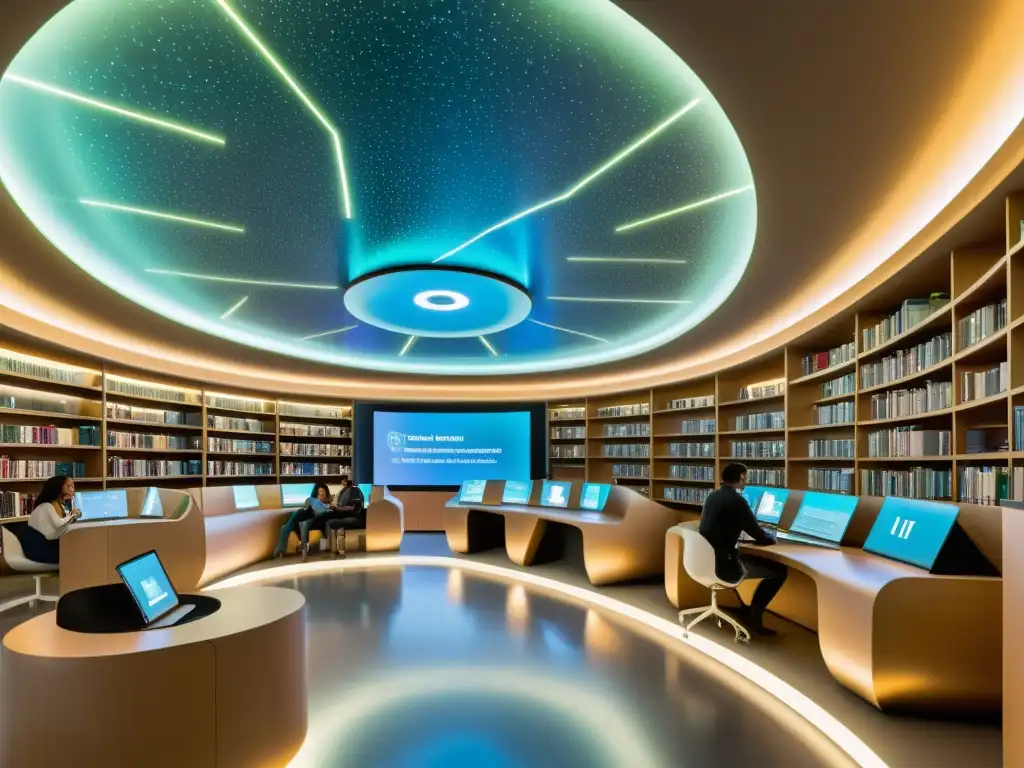 Biblioteca del futuro: innovación y colaboración académica Estudiantes colaborando en una biblioteca futurista con tecnología de vanguardia y símbolos de predicciones propiedad intelectual académico