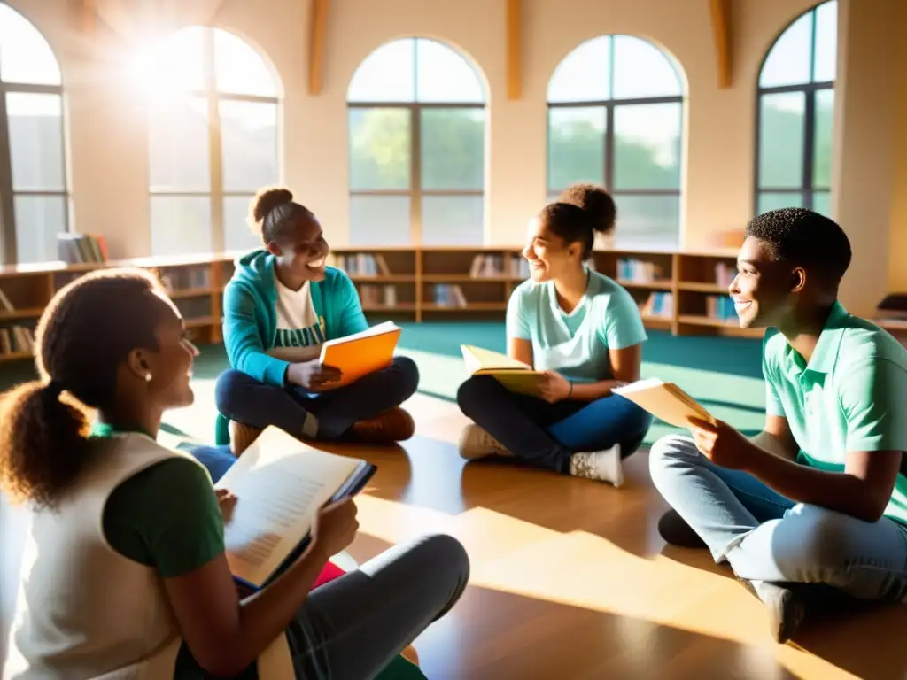 Estudiantes colaborando en círculo con libros abiertos y notas, enriqueciendo el aprendizaje